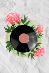 Vertical collage image of vintage vinyl record growing beautiful flowers isolated on crumpled...