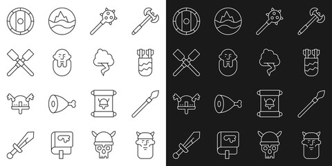 Set line Viking head, Medieval spear, Quiver with arrows, Mace spikes, Oars or paddles boat, Shield viking and Cloud and lightning icon. Vector