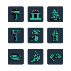 Set line Bid, Auction hammer, jewelry sale, Hand holding auction paddle, and auctioneer sells icon. Vector