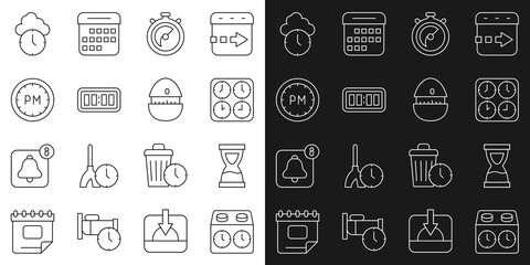 Set line Time chess clock, Old hourglass, zone clocks, Stopwatch, Digital alarm, Day time, Clock and Kitchen timer icon. Vector