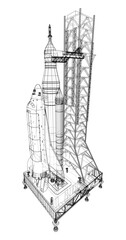 Space Rocket on launch pad. Vector rendering of 3d