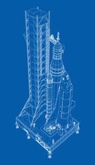 Space Rocket on launch pad. Vector rendering of 3d