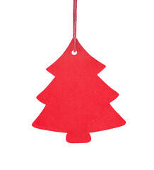 Hanging wooden Christmas tree ornament isolated on transparent background.