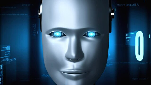 Futuristic robot artificial intelligence huminoid AI programming coding technology development and machine learning concept. Robotic bionic science research for future of human life. 3D rendering.
