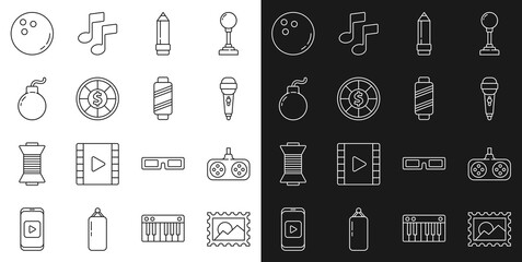 Set line Postal stamp, Gamepad, Microphone, Pencil with eraser, Casino chips, Bomb ready to explode, Bowling ball and Sewing thread spool icon. Vector