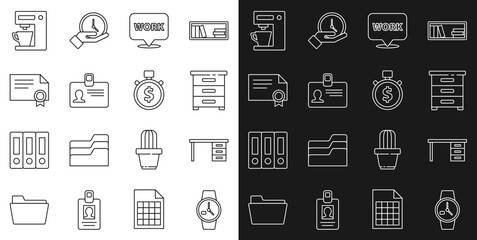 Set line Wrist watch, Office desk, Drawer with documents, Location text work, Identification badge, Certificate template, Coffee machine and Time money icon. Vector