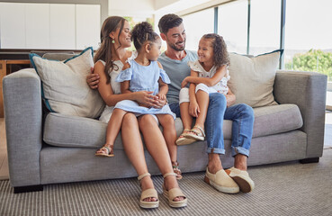 Smile, love and happy family love to relax together in a positive home on a fun weekend for...