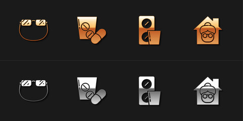 Set Eyeglasses, Medicine pill or tablet, Pills blister pack and Nursing home icon. Vector