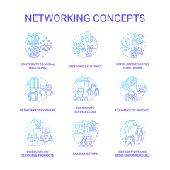 Networking blue gradient concept icons set. Increase professionals connections. Building partnership idea thin line color illustrations. Isolated symbols. Roboto-Medium, Myriad Pro-Bold fonts used