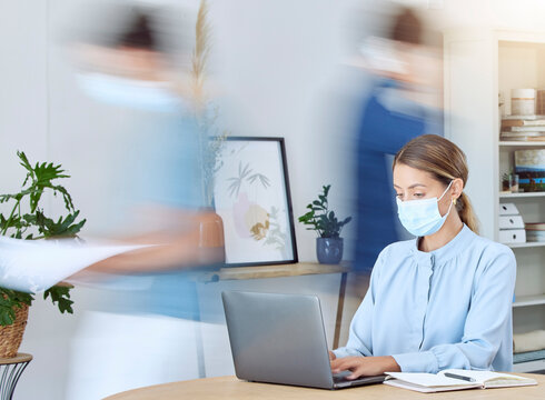 Covid, Laptop And Planning Or Busy Woman In Office With Mask For Protection In Workplace. Motion Blur Of Business People In Fast Paced Workspace With Coronavirus Prevention, Precautions And Safety.