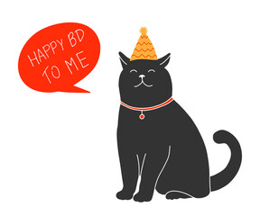 Happy birthday to me greeting card template with cute cat isolated on white background. Simple doodle celebration illustration.