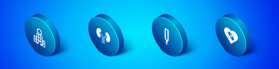 Set Isometric Medical hospital building, thermometer, Healed broken heart and Human kidneys icon. Vector