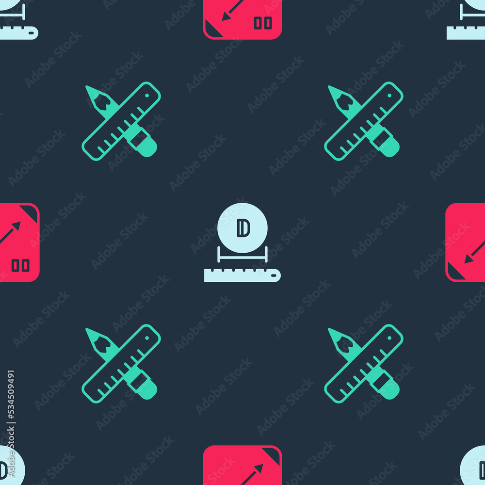 Poster set diagonal measuring, diameter and crossed ruler and pencil on seamless pattern. vector