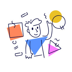 Thoughtful abstract character solves problem. Thoughts and geometric form. Man points with finger.