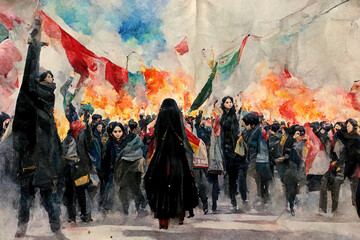 Watercolour digital painting of anti hijab and anti government protests in Iran. Women burning head scarves in a powerful human rights movement for equality and solidarity. Strong Iranian women art.