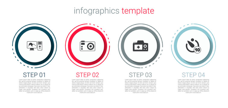 Set Photo retouching, camera, and Camera timer. Business infographic template. Vector