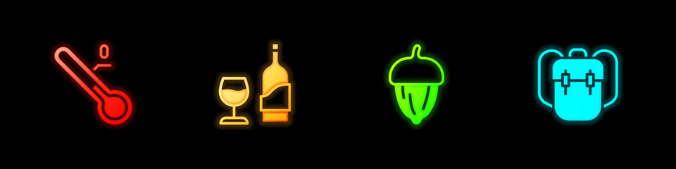 Set Meteorology thermometer, Wine bottle with glass, Acorn and School backpack icon. Vector