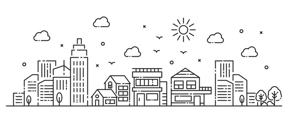 Illustration of houses and buildings in thin line style