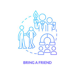 Bring a friend blue gradient concept icon. Mentorship. Expand relations. Challenge shyness abstract idea thin line illustration. Isolated outline drawing. Myriad Pro-Bold font used