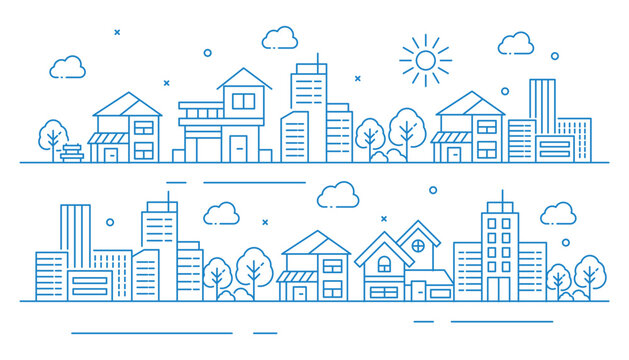 Illustration of houses and buildings in thin line style 