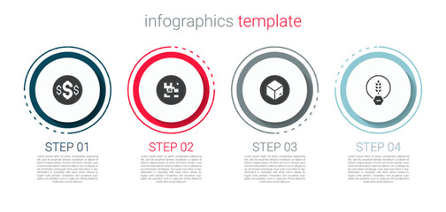 Set Dollar symbol, QR code, Carton cardboard box and Gluten free grain. Business infographic template. Vector