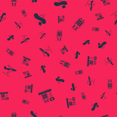 Set Scale with suitcase, Escalator down, Plane takeoff and Suitcase on seamless pattern. Vector