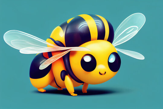 Cute Yellow Cartoon Bee 3d Character On Light Blue Background