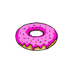 Donut with pink glaze. Sweet sugar dessert with icing. Outline cartoon illustration isolated on white background
