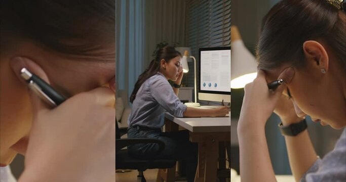 Asia people young woman study hard overnight brownout bored remote learn online read data tired sitting head in hands at home office desk workplace think worry in job tough stress workforce issue.