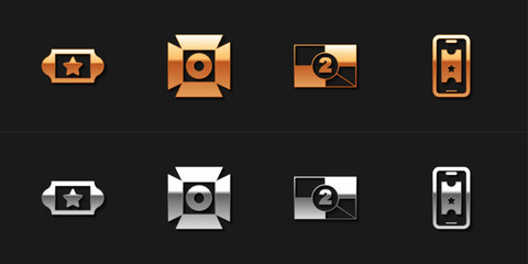 Set Cinema ticket, Movie spotlight, Old film movie countdown frame and Buy cinema online icon. Vector