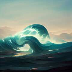 A illustration of a tsunami wave rolling to the cost - obrazy, fototapety, plakaty