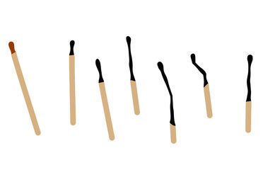 Burnt match. Set for lighting fire. New and charred wooden stick.