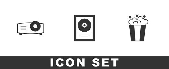 Set Movie, film, media projector, CD disk award in frame and Popcorn cardboard box icon. Vector