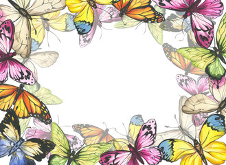 Butterflies. wreath and frame. watercolor illustration of multicolored butterflies. insects for invitation and postcard design