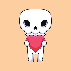 cute skull holding love hearth cartoon mascot doodle art hand drawn concept vector kawaii icon illustration