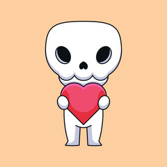 Fototapeta premium cute skull holding love hearth cartoon mascot doodle art hand drawn concept vector kawaii icon illustration