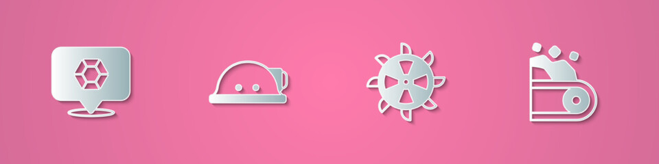 Set paper cut Gem stone, Miner helmet, Bucket wheel excavator and Conveyor belt carrying coal icon. Paper art style. Vector