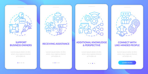 Networking profits blue gradient onboarding mobile app screen. Exclusive access walkthrough 4 steps graphic instructions with linear concepts. UI, UX, GUI template. Myriad Pro-Bold, Regular fonts used