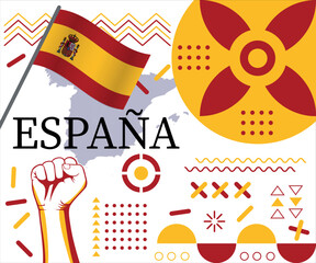 Spain flag and map caricature. National day or spain independence day design. Spanish celebration. Modern retro design with abstract icons - Independence from spain