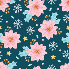 Pink poinsettia with golden berries and snowflakes watercolor Christmas seamless pattern on dark background