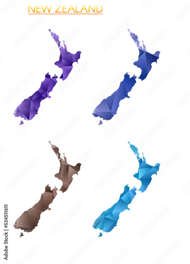 Aufkleber set of vector polygonal maps of new zealand. bright gradient map of the country in low poly style. m