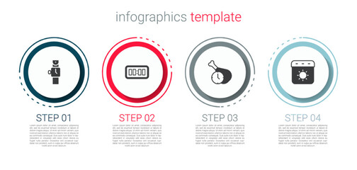 Set Wrist watch, Digital alarm clock, Food time and Calendar summer. Business infographic template. Vector