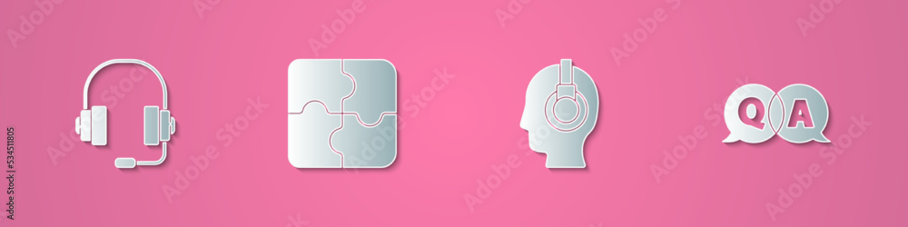 Canvas Prints set paper cut headphones, piece of puzzle, support operator in touch and question and answer icon. p