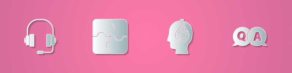 Set paper cut Headphones, Piece of puzzle, Support operator in touch and Question and Answer icon. Paper art style. Vector