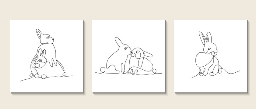 Rabbits abstract one continuous line illustration. Modern minimalist style bunny symbol of 2023 year silhouette for posters, web banners, post cards. Happy chinese New year