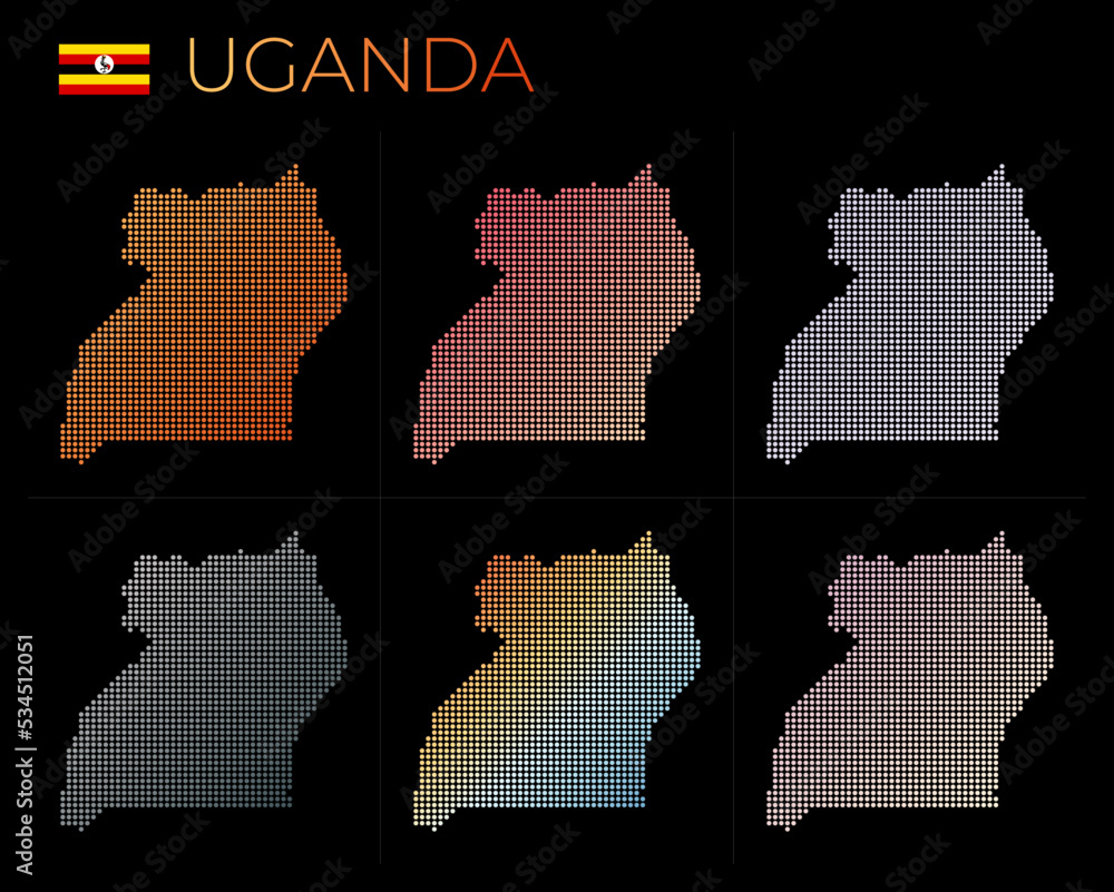 Poster uganda dotted map set. map of uganda in a dotted style with borders filled with beautiful smooth gra