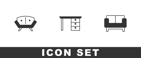 Set Sofa, Office desk and icon. Vector