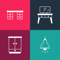 Set pop art Lamp hanging, Wardrobe, Dressing table and Office desk icon. Vector