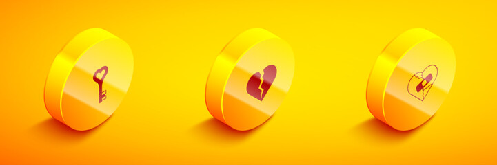 Set Isometric Key in heart shape, Broken or divorce and Healed broken icon. Vector