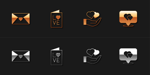 Set Envelope with Valentine heart, Valentines day party flyer, Heart hand and Location icon. Vector
